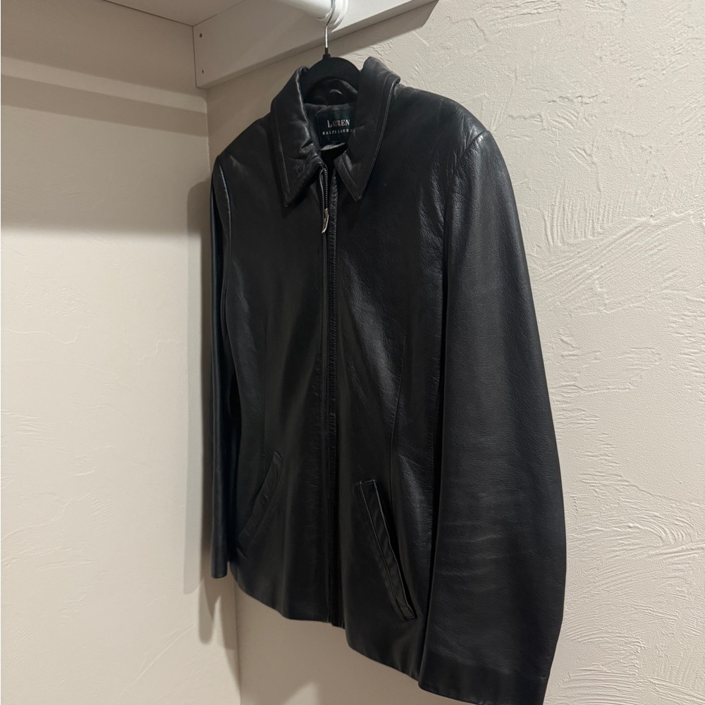 Vintage Lauren Ralph Lauren Women's Black Leather Jacket Size M